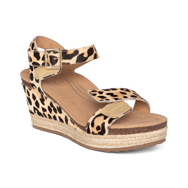 Aetrex Women's Sydney Quarter Strap Espadrille Wedge Sandals - Leopard | USA ROBMY8H